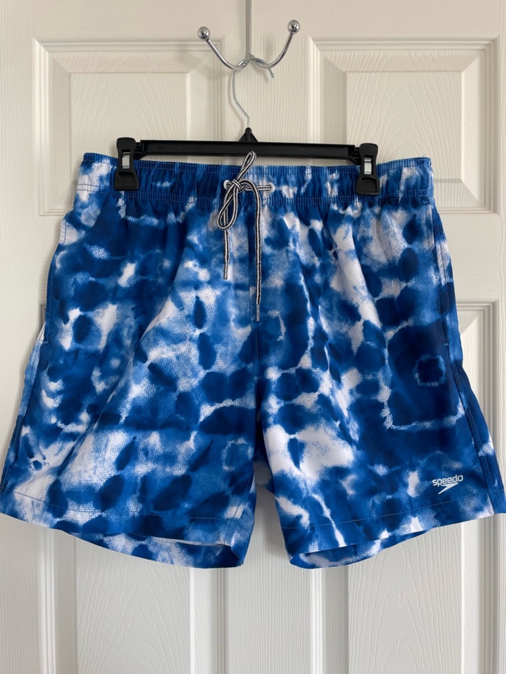 Speedo Men’s Blue White Tie Dye Swim Trunks Size L Quick Dry Shorts